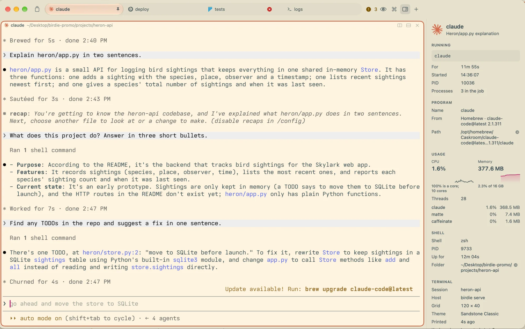 An agent answering questions about the heron-api project, with the inspector open on the right showing its process, CPU and memory graphs, the shell and the session.