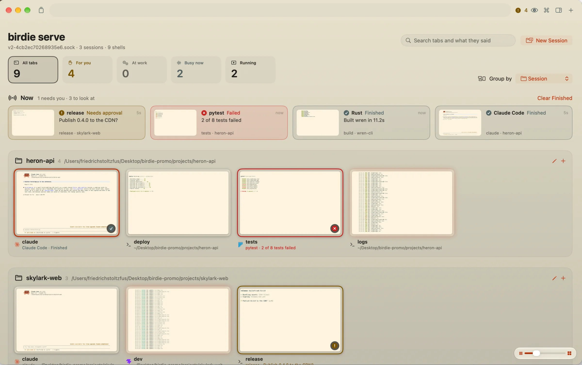 Birdie's overview: every tab as a live thumbnail, grouped by project, with a Now board on top listing a release that needs approval, a failed test run, a finished build and an agent that finished its turn.