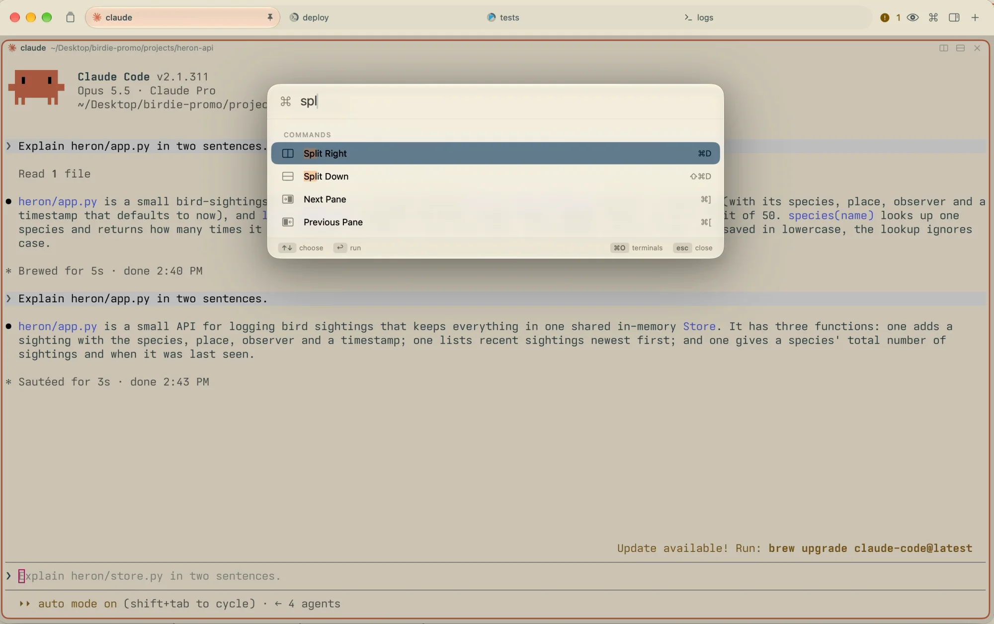 The command palette filtered to “spl”: Split Right, Split Down, Next Pane, Previous Pane.