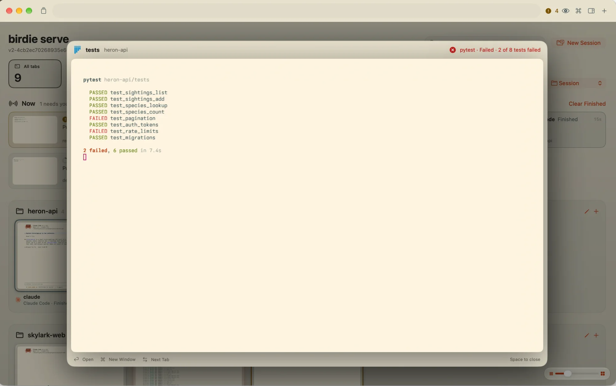 Peeking at the tests tab from the overview: a large preview of its pytest output, 2 failed and 6 passed.