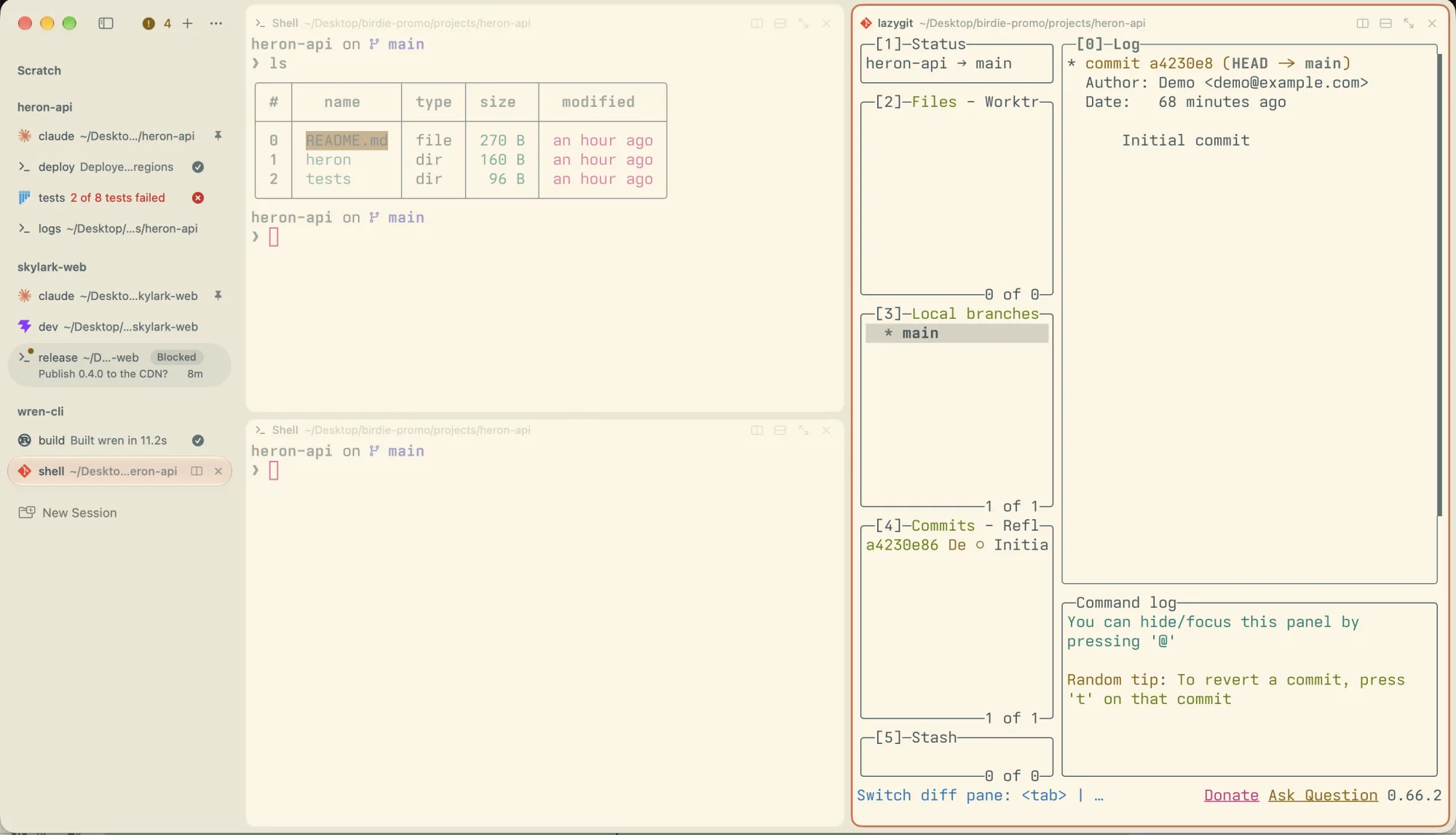 Three panes in one tab: a shell listing heron-api's files, an empty shell below it, and lazygit filling the right half.