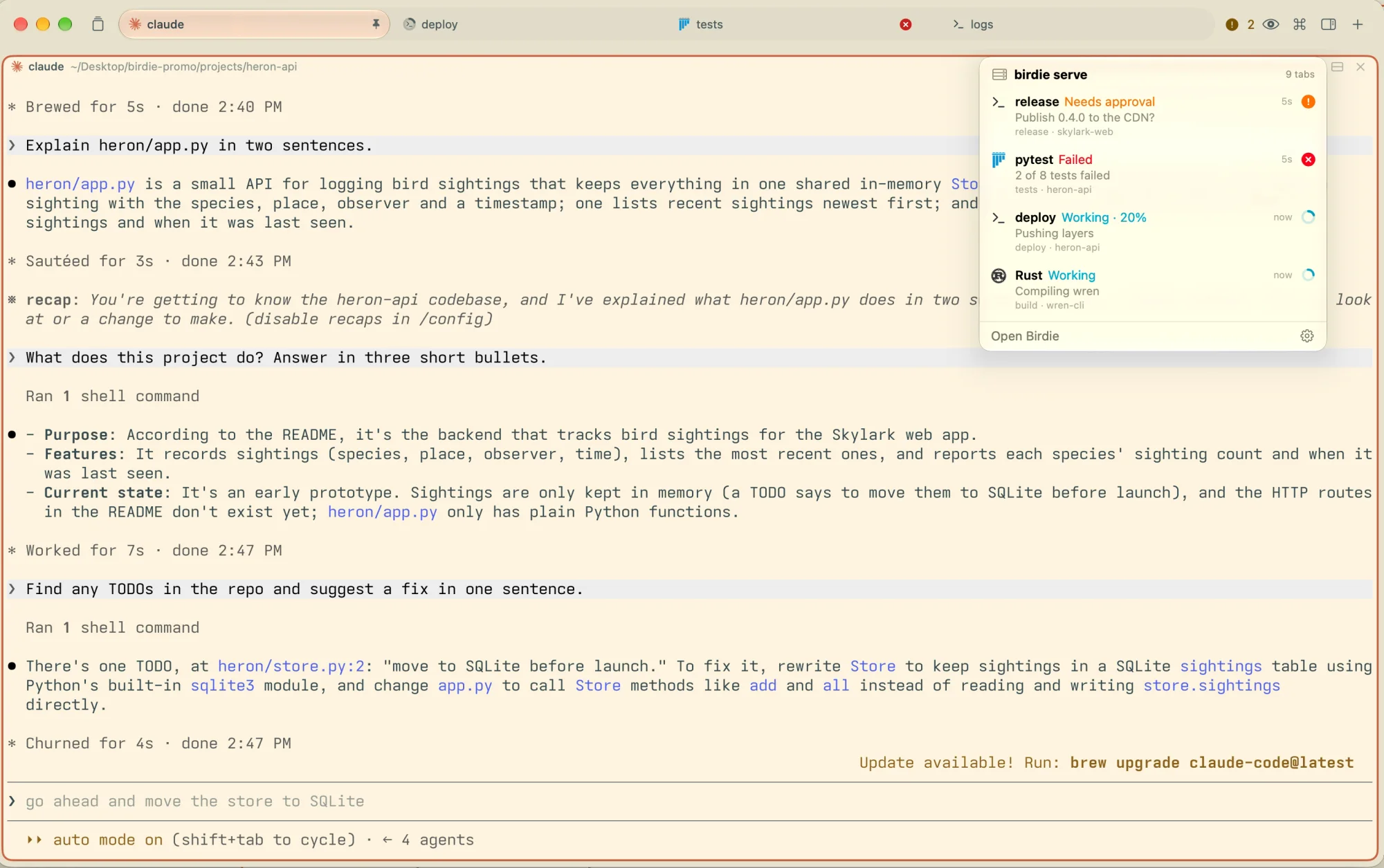The status list: release needs approval, pytest failed, deploy working at 20%, Rust compiling.