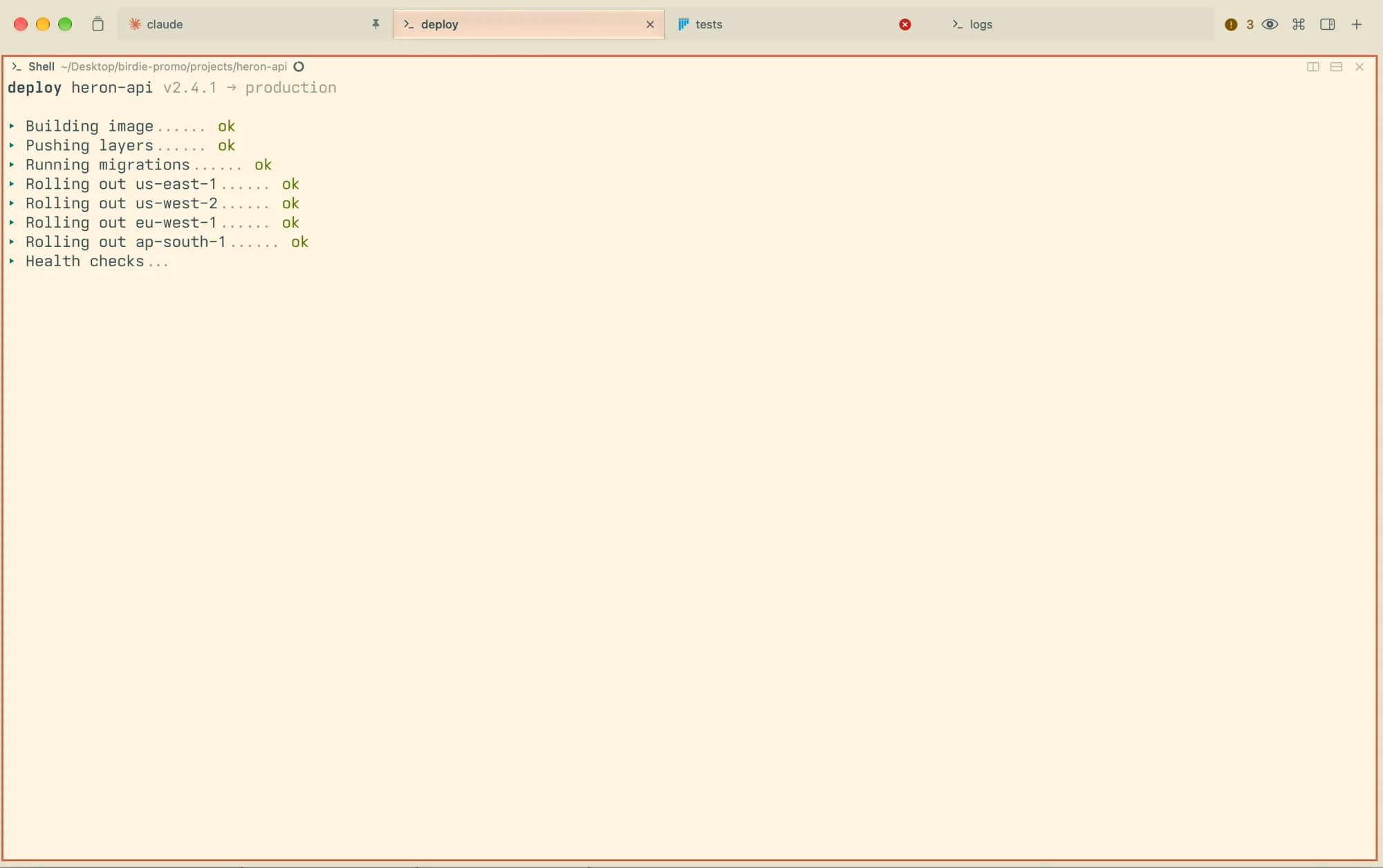 Birdie's tabs: claude, deploy, tests and logs.