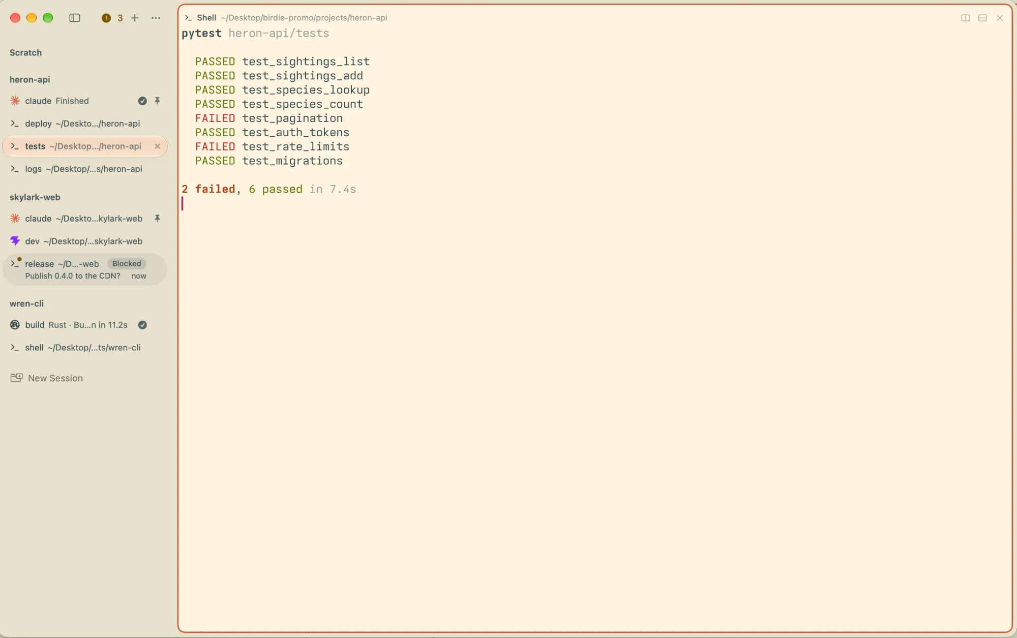 Birdie with tabs in the sidebar: the tests tab shows 2 failed, 6 passed; the release tab is marked Blocked, waiting to publish 0.4.0.